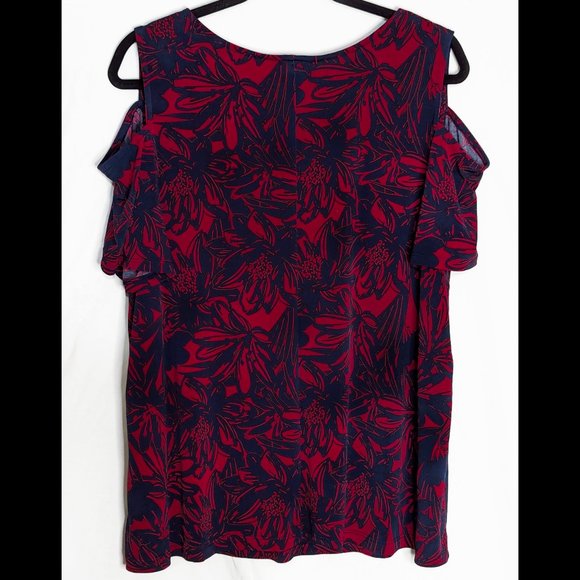 Gothic Floral CATHERINES 18/20WP 1X Red & Navy Petite Cold Shoulder Stretch Top - Picture 4 of 4